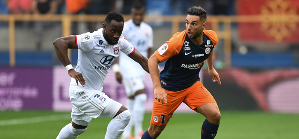 Jordan Ferri of Montpellier and Moussa Dembele of Lyon during the Ligue 1 match between Montpellier and Lyon at Stade de la Mosson on August 27, 2019 in Montpellier, France. (Photo by Alexandre Dimou/Icon Sport via Getty Images)