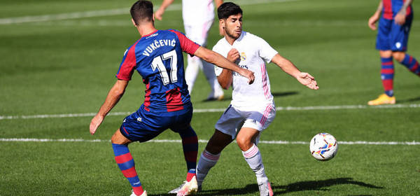 VILLAREAL, SPAIN - OCTOBER 04: Nikola Vukcevic of Levante  battles for possession with  Marco Asensio of Real Madrid  during the La Liga Santander match between Levante UD and Real Madrid at Ciutat de Valencia Stadium on October 04, 2020 in Valencia, Spain. Football Stadiums around Europe remain empty due to the Coronavirus Pandemic as Government social distancing laws prohibit fans inside venues resulting in fixtures being played behind closed doors. (Photo by Alex Caparros/Getty Images)
