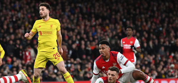 LONDON, ENGLAND - JANUARY 20: Diogo Jota of Liverpool looks on as he scores his teams first goal during the Carabao Cup Semi Final Second Leg match between Arsenal and Liverpool at Emirates Stadium on January 20, 2022 in London, England. (Photo by Shaun Botterill/Getty Images)