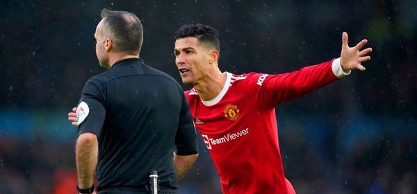 Manchester United's Cristiano Ronaldo appeals to referee Paul Tierney during the Premier League match at Elland Road, Leeds. Picture date: Sunday February 20, 2022. (Photo by Mike Egerton/PA Images via Getty Images)