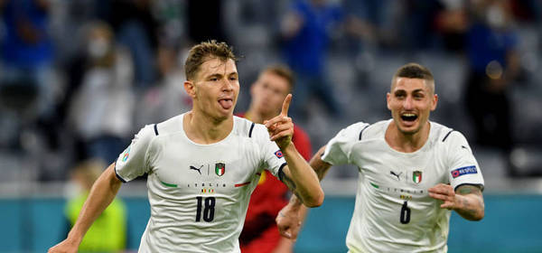 MUNICH, GERMANY - JULY 02: Nicolo Barella of Italy celebrates after scoring their side's first goal during the UEFA Euro 2020 Championship Quarter-final match between Belgium and Italy at Football Arena Munich on July 02, 2021 in Munich, Germany. (Photo by Christof Stache - Pool/Getty Images)