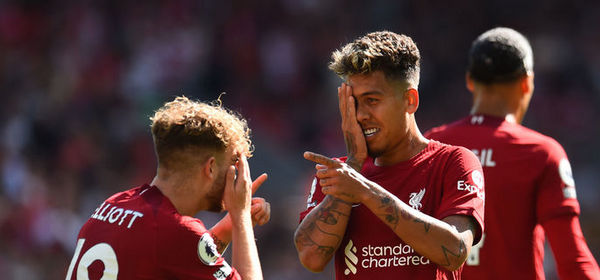 LIVERPOOL, ENGLAND - AUGUST 27: ( THE SUN OUT,THE SUN ON SUNDAY OUT) Roberto Firmino of Liverpool celebrates  after scoring the fourth goal  during the Premier League match between Liverpool FC and AFC Bournemouth at Anfield on August 27, 2022 in Liverpool, England. (Photo by Andrew Powell/Liverpool FC via Getty Images)