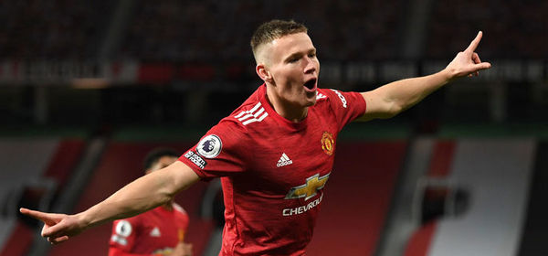 MANCHESTER, ENGLAND - DECEMBER 20: Scott McTominay of Manchester United celebrates after scoring their sides second goal during the Premier League match between Manchester United and Leeds United at Old Trafford on December 20, 2020 in Manchester, England. The match will be played without fans, behind closed doors as a Covid-19 precaution. (Photo by Michael Regan/Getty Images)