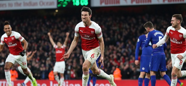 LONDON, ENGLAND - JANUARY 19:  Laurent Koscielny of Arsenal celebrates after scoring his team's second goal during the Premier League match between Arsenal FC and Chelsea FC at Emirates Stadium on January 19, 2019 in London, United Kingdom.  (Photo by Catherine Ivill/Getty Images)