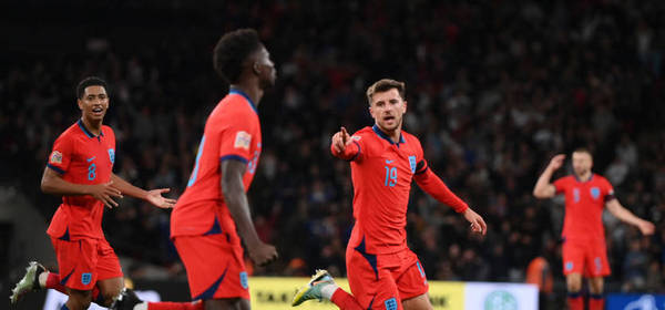 LONDON, ENGLAND - SEPTEMBER 26: Mason Mount of England celebrates after scoring their side's second goal during the UEFA Nations League League A Group 3 match between England and Germany at Wembley Stadium on September 26, 2022 in London, England. (Photo by Shaun Botterill/Getty Images)