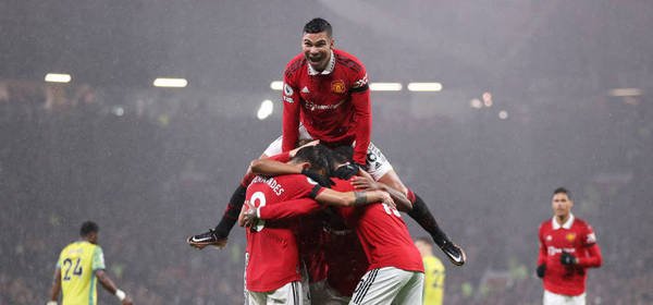 MANCHESTER, ENGLAND - DECEMBER 27: Anthony Martial of Manchester United (obscured) celebrates with Casemiro and team mates after scoring their side's second goal during the Premier League match between Manchester United and Nottingham Forest at Old Trafford on December 27, 2022 in Manchester, England. (Photo by Naomi Baker/Getty Images)